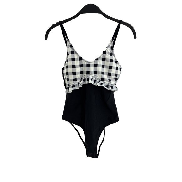 Cupshe Womens Size M One Piece Swimsuit Gingham Ruffle Black Monokini Swimwear - Picture 1 of 6